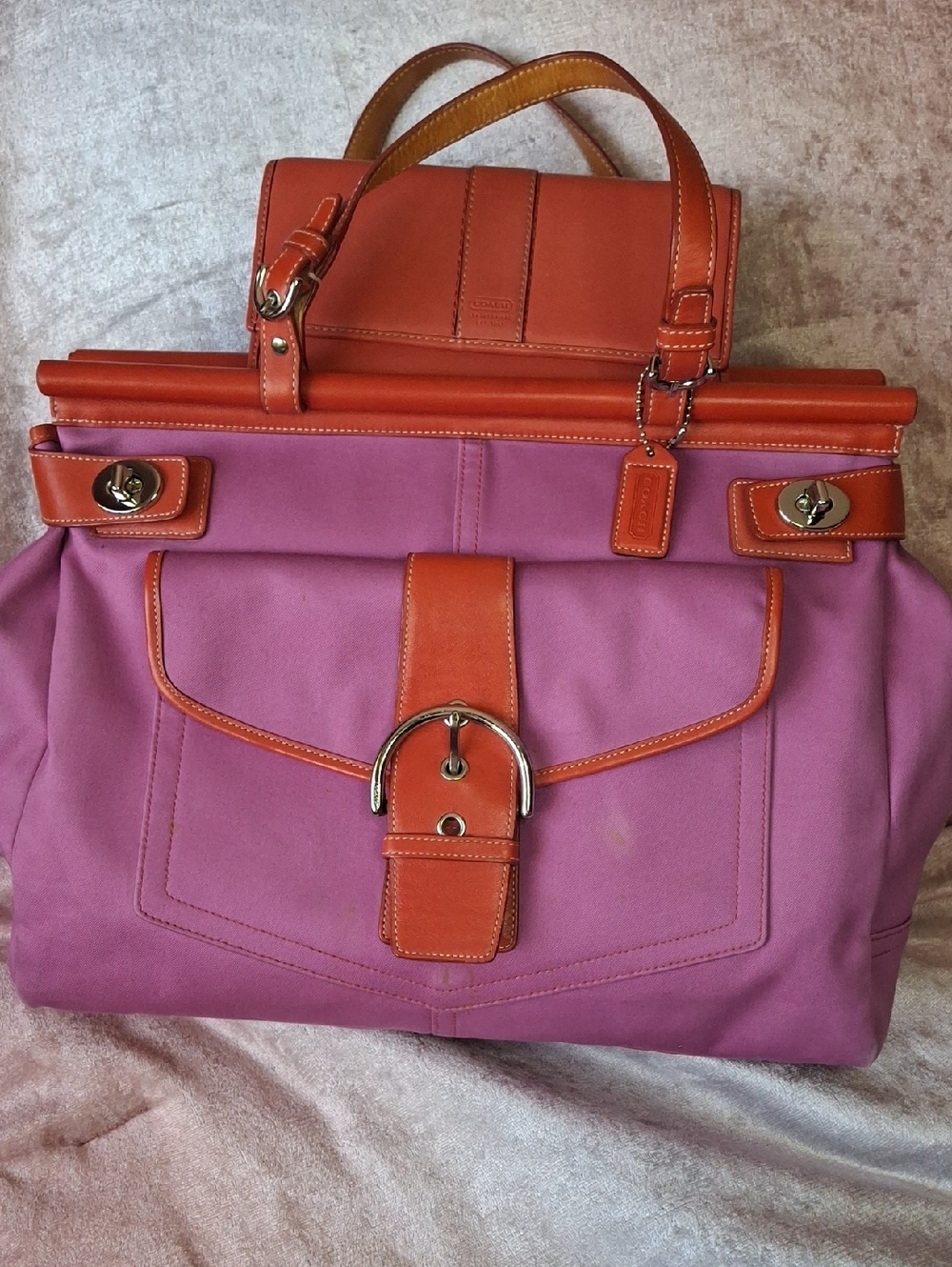 COACH VINTAGE LIMITED EDITION BUCKLE Purple Canvas Large Satchel  Leather Trim
